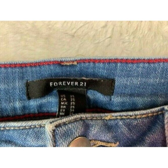 Forever 21 Size 25 Womens Jeans Med Wash Stretch Mid Rise Rip Torn Distr… - Picture 4 of 4